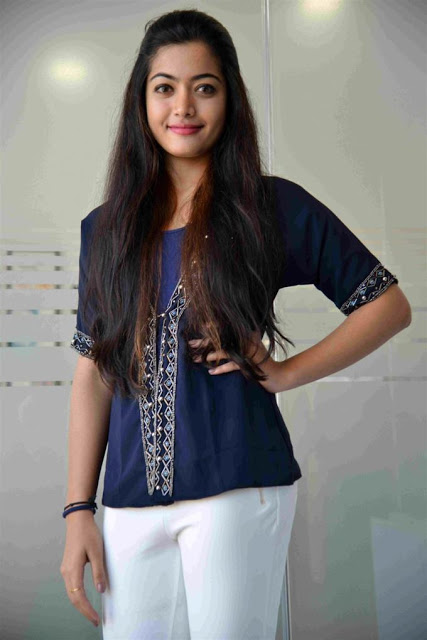 Hot Actress Rashmika Mandanna Long Hair In Blue Top Tight White Pant 5